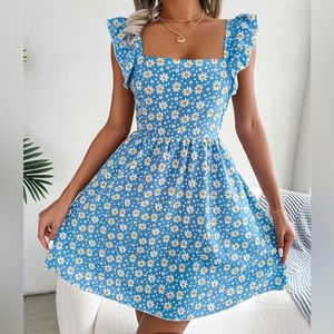 Blue Daisy Print Ruffle Trim Dress Sleeveless Squared Neck Tie Back Dress